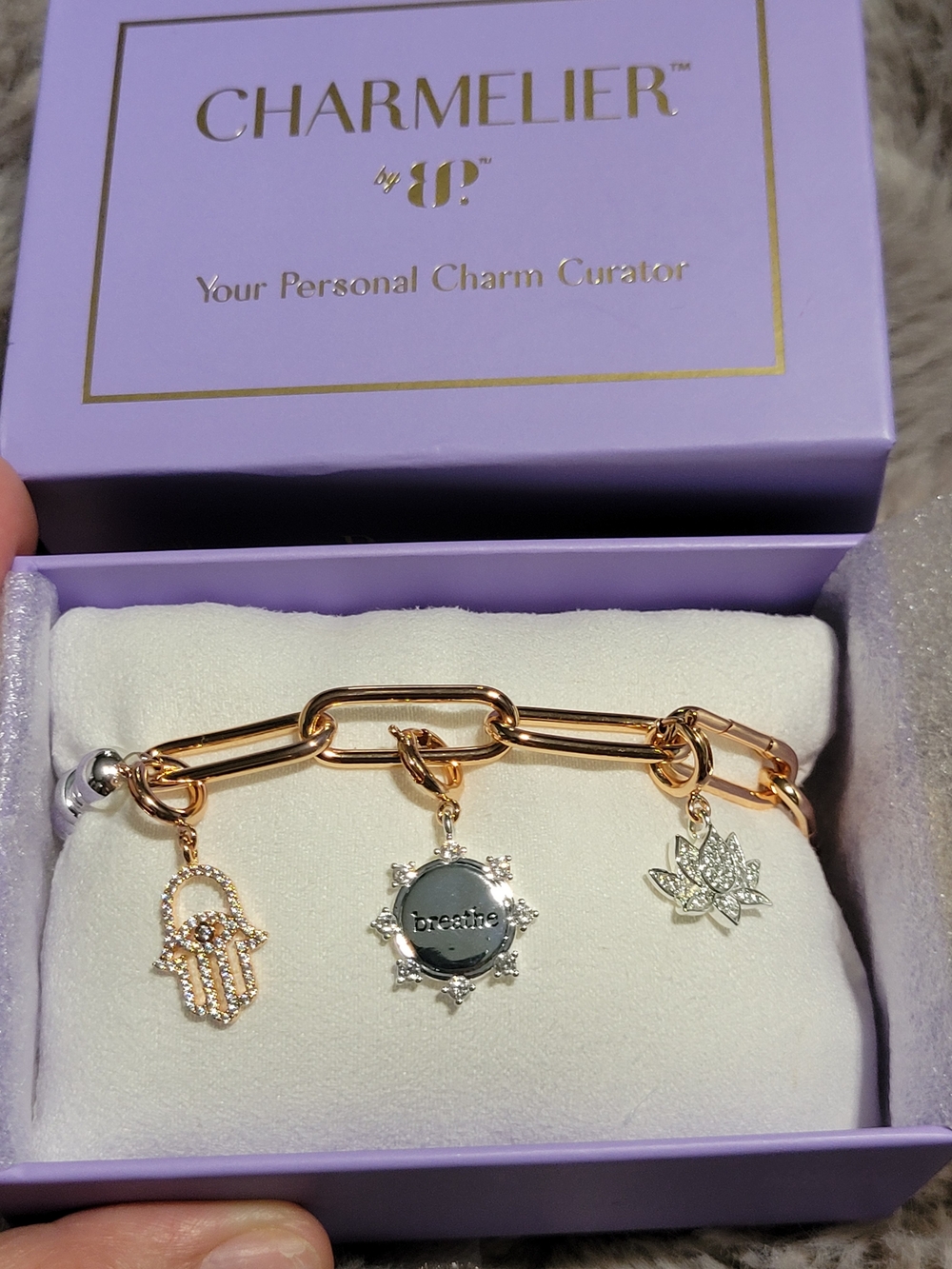 Rose Gold Link Bracelet with Silver and Clear Crystal Charms